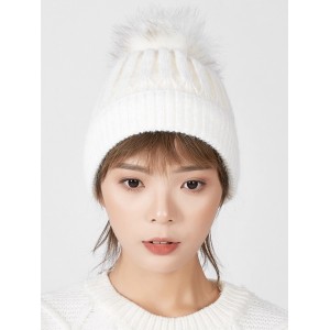 Striped Winter Solid Fuzzy Ball Knitted Hat - White