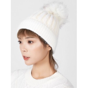 Striped Winter Solid Fuzzy Ball Knitted Hat - White