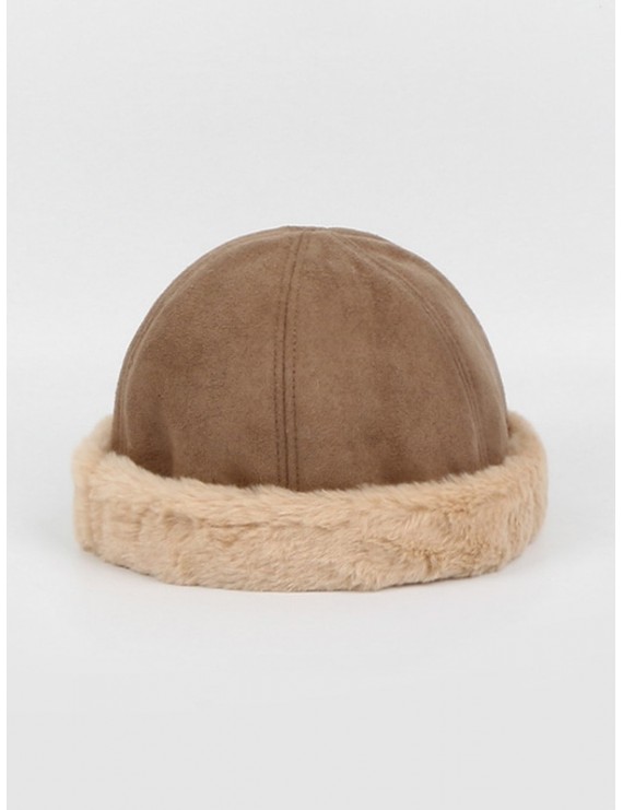 Winter Suede Faux Fur Dome Skullcap Hat - Khaki
