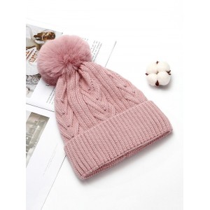 Fuzzy Ball Winter Knitted Solid Pearl Hat - Light Pink