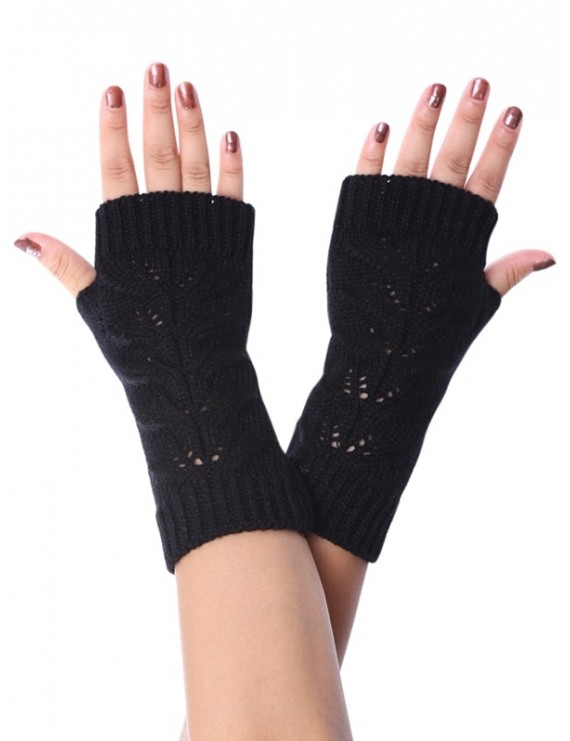 Hollow Braid Fingerless Knitted Gloves - Black