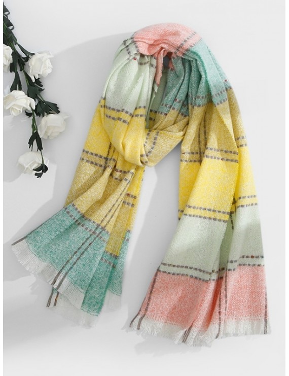 Colored Checkered Fringed Long Scarf - Green