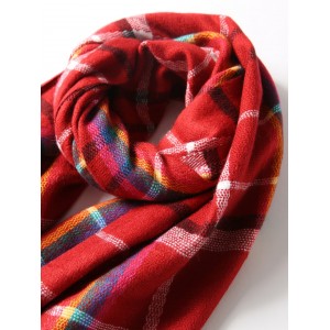 Plaid Double Sided Fringe Long Scarf - Red