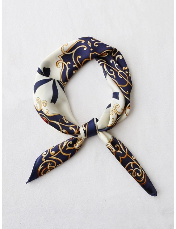 Bowknot Ribbon Printed Silky Square Scarf - Cadetblue
