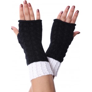Colorblock Fingerless Braid Knitted Gloves - Black