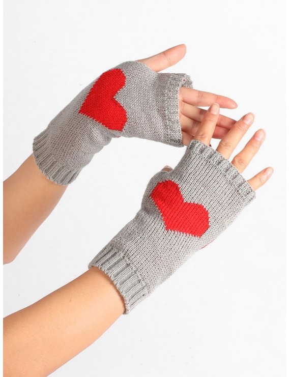 Heart Pattern Knitted Fingerless Gloves - Light Gray