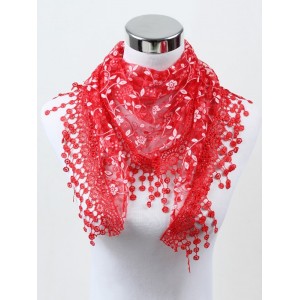 Fringe Lace Flower Triangle Scarf - Red