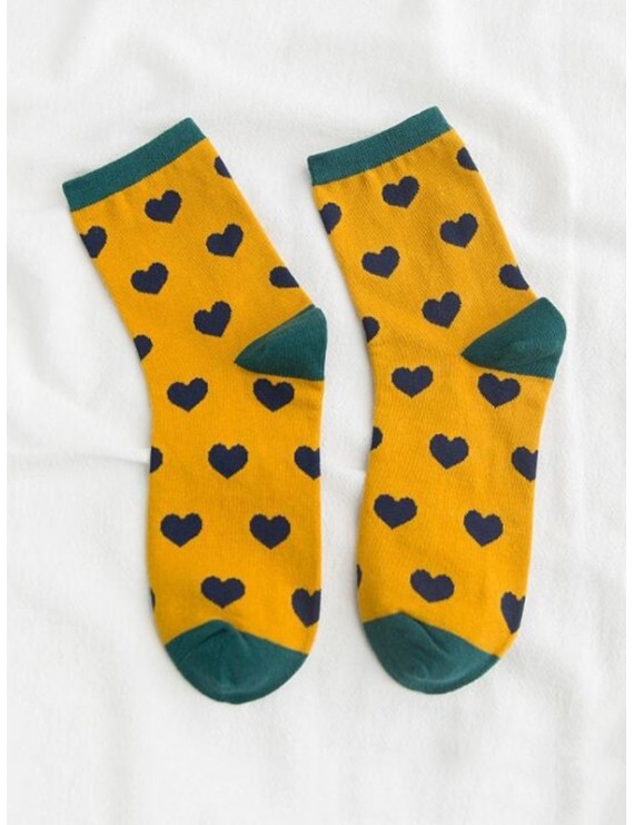 Heart Printed Crew Length Socks - Yellow