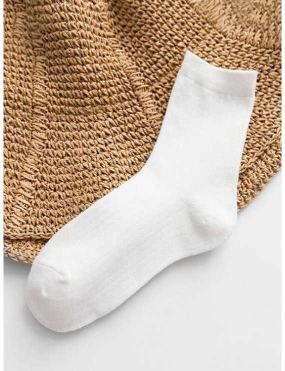 Solid Striped Cotton Quarter Length Socks - White