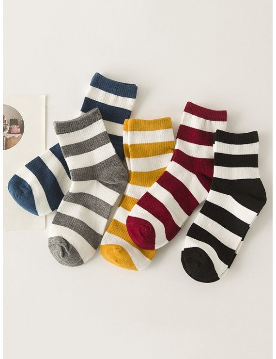 5 Pairs Striped Two Tones Socks Set - Multi-a