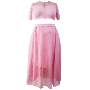 Pink Mesh Joint Plus Crop Top Skirt Set
