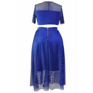 Blue Mesh Joint Plus Crop Top Skirt Set