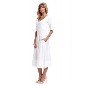 White Half Sleeve V Neck High Waist Flared Dress