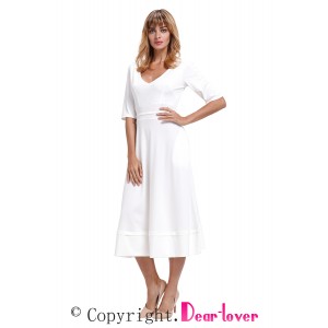 White Half Sleeve V Neck High Waist Flared Dress