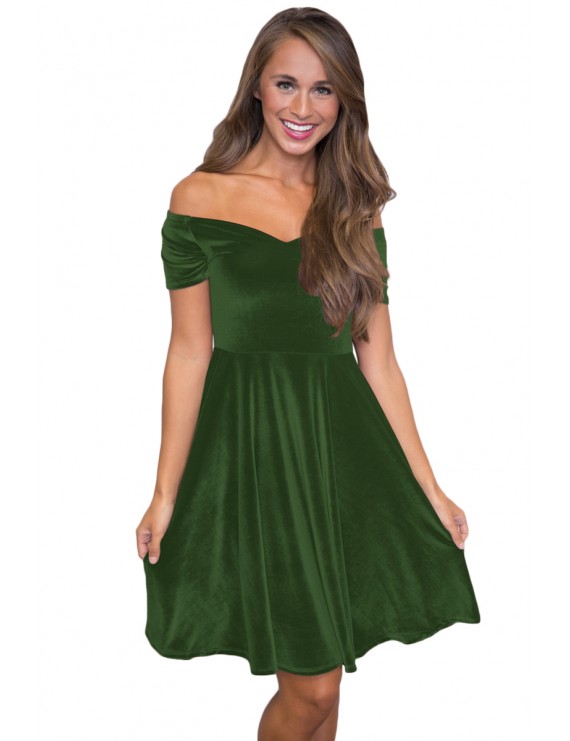 Green Velvet Off Shoulder Pleated Skater Dress