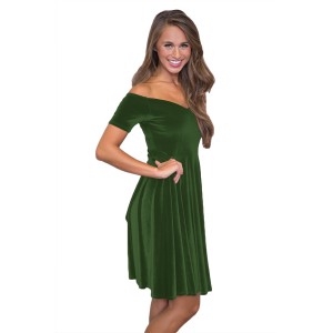 Green Velvet Off Shoulder Pleated Skater Dress