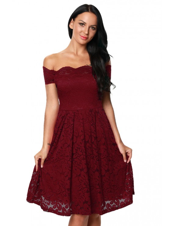 Wine Scalloped Off Shoulder Flared Lace Dress
