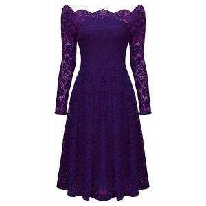 Purple Long Sleeve Floral Lace Boat Neck Cocktail Swing Dress