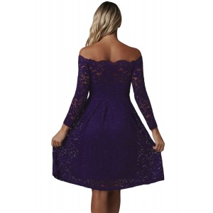 Purple Long Sleeve Floral Lace Boat Neck Cocktail Swing Dress