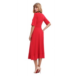 Red Half Sleeve V Neck High Waist Flared Dress