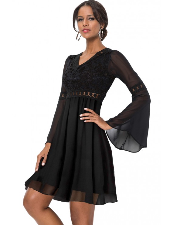 Black Lace Chiffon Patchwork Bell Sleeve Dress