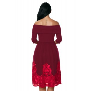 Burgundy Lacy Embroidery Tulle Skirt Skater Dress