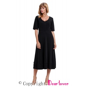 Black Half Sleeve V Neck High Waist Flared Dress