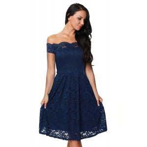 Blue Scalloped Off Shoulder Flared Lace Dress