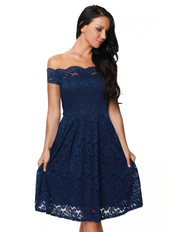 Blue Scalloped Off Shoulder Flared Lace Dress