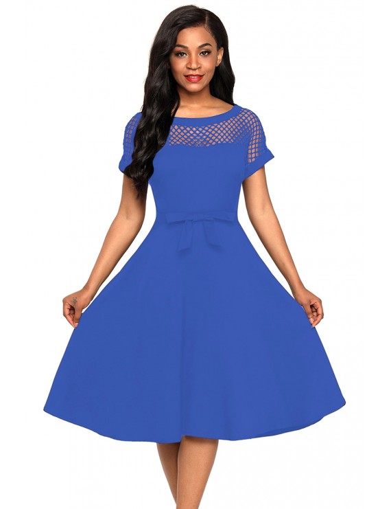 Fishnet Insert Blue Bowknot Embellished Dress