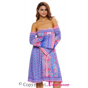 Blue Pink Floral Print Off-shoulder Boho Dress