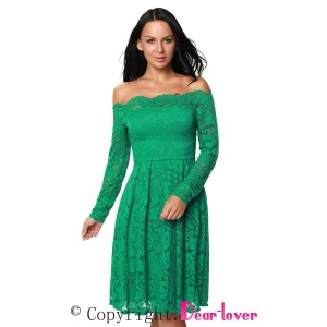 Green Long Sleeve Floral Lace Boat Neck Cocktail Swing Dress