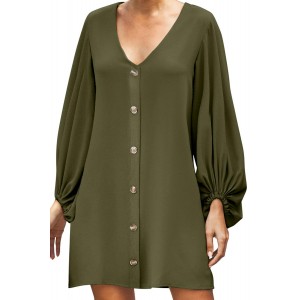 Green Buttoned-down V Neck Billowy Sleeve Shift Dress
