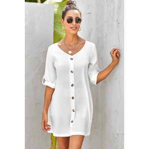 White V Neck Button Front Roll up Tab Sleeve Dress
