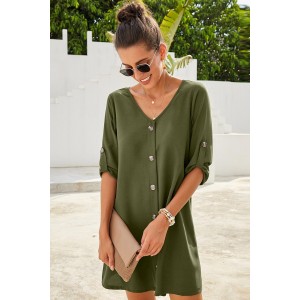 Green V Neck Button Front Roll up Tab Sleeve Dress