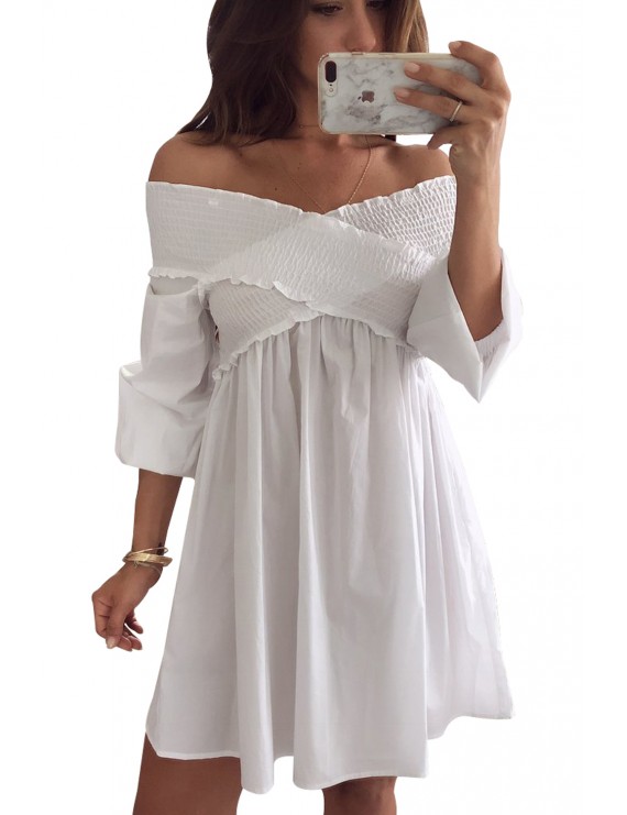 White Crossed Smocking Off Shoulder Mini Dress