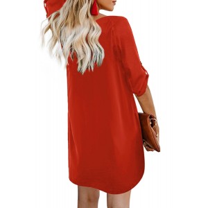 Red V Neck Button Front Roll up Tab Sleeve Dress