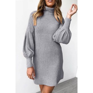 Gray Turtle Neck Puff Sleeve Casual Sweater Dress