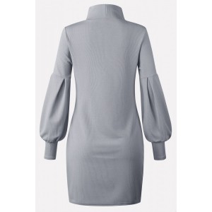 Gray Turtle Neck Puff Sleeve Casual Sweater Dress