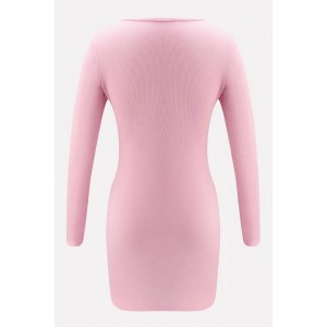 Pink Press Button Long Sleeve Sexy Bodycon Sweater Dress