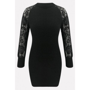 Black Lace Splicing Cutout Sexy Bodycon Sweater Dress