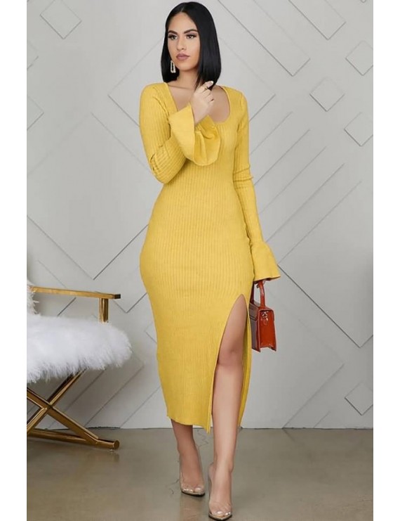 Yellow Slit U Neck Flare Sleeve Casual Bodycon Sweater Dress