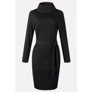 Black Tied High Collar Long Sleeve Casual Sweater Dress