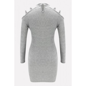 Gray Rivet Decor Strappy Long Sleeve Sexy Bodycon Sweater Dress