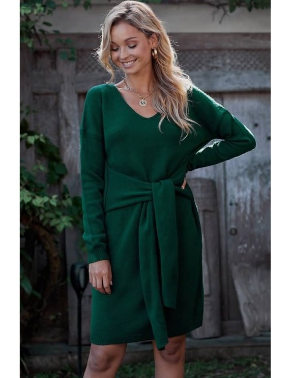 Dark-green Tied V Neck Long Sleeve Casual Sweater Dress