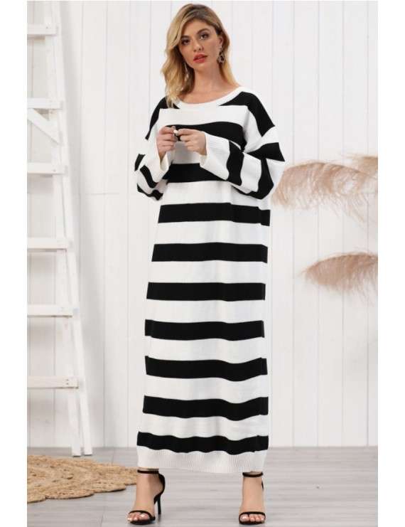 Black-white Stripe Round Neck Long Sleeve Casual Maxi Sweater Dress