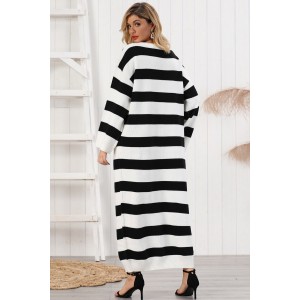 Black-white Stripe Round Neck Long Sleeve Casual Maxi Sweater Dress
