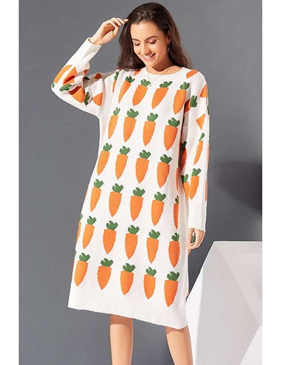 White Carrot Crew Neck Long Sleeve Casual Sweater Dress