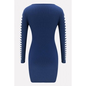 Dark-blue Rhinestone Caged Sexy Bodycon Sweater Dress