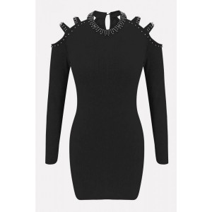 Black Rivet Decor Strappy Long Sleeve Sexy Bodycon Sweater Dress